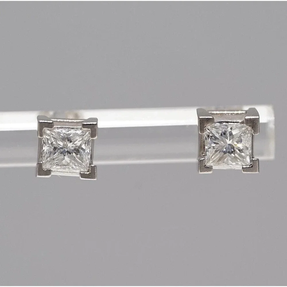 Vintage 14k Solid White Gold Natural‎ High Quality Princess Cut Diamond Earrings